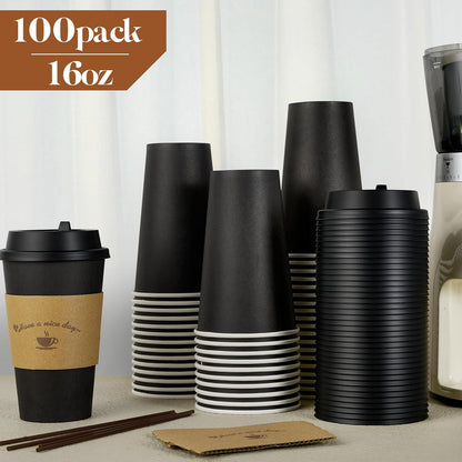 LITOPAK 100 Pack 16 oz Paper Coffee Cups with Lids, Black Disposable Coffee Cups with Lids, Sleeves and Stirring Sticks, for Parties, Picnic, Travel, and Events
