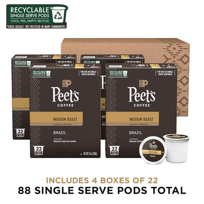 Peet's Coffee, Medium Roast Single Serve Coffee Pods - Single Origin Brazil 88 Count (4 Boxes of 22 Pods)
