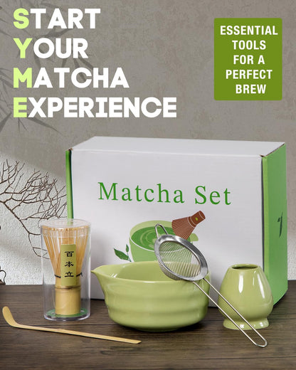 Matcha Whisk Set - 5PCS Matcha Set Includes 17OZ Chawan with Spout, Bamboo Chasen Whisk with Ceramic Holder, Mat cha Scoop and Stainless Sifter, Matcha Kit for Ceremony, Gift for Matcha Lovers