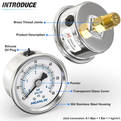 MEANLIN MEASURE 0~60Psi Dry Pressure Gauge Stainless Steel 1/4"NPT 2"FACE DIAL Waterproof for Pool Filter Pump Water Air Compressor Tire Pressure Tester Back Mount with 1/2"NPT and 3/8"NPT Hex Bushing