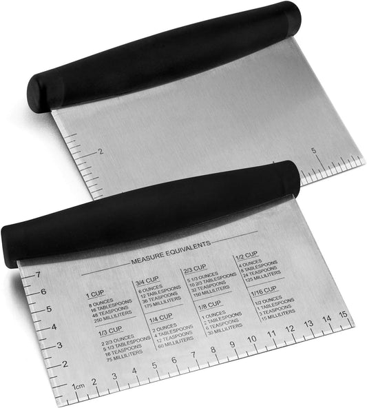 Metal Griddle Scraper Chopper, HaSteeL Stainless Steel Dough Bench Scraper Pastry Cutter with Measuring Marks, Multi-purpose Kitchen Tool for Flat Top Grilling/Baking/Cooking, Dishwasher Safe (2-Pack)