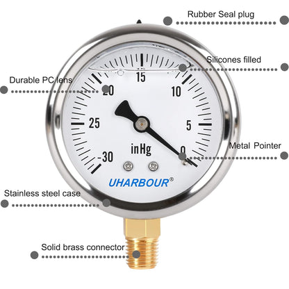 Glycerin Filled Pressure Gauge with 304 Stainless Steel Case, 2.5" Dial Size, 30InHg/0, High Accuracy, 1/4" NPT Center Lower Mount with Single Scale…