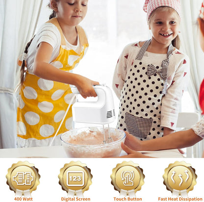 CBQ Hand Mixer Electric, 9 Speed 400W Handheld Mixer with Digital Display, Touch Button, Turbo, Snop-On Storage Case, 5 Stainless Steel Accessories, Mixer Electric Handheld for Cake, Cookie, Egg,