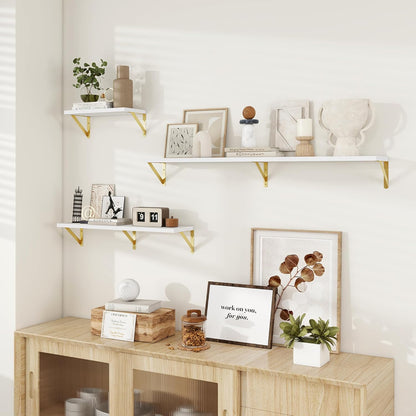 Dreamland White and Gold Shelf, 48W x 8D Wall Mounted Shelves Set of 2, Wide Display Ledge Shelf with Sturdy Metal Brackets for Living Room, Bathroom, Bedroom and Kitchen, White with Gold Brackets