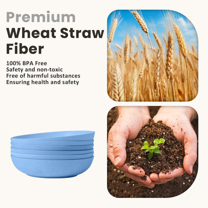 Homienly Wheat Straw Big Bowls Salad Bowls Set of 6 10 inch Serving Bowls 65 oz Large Bowls Plastic Plates Bowls Wide and Shallow Bowls for Kitchen Microwave & Dishwasher Safe-Sky Blue