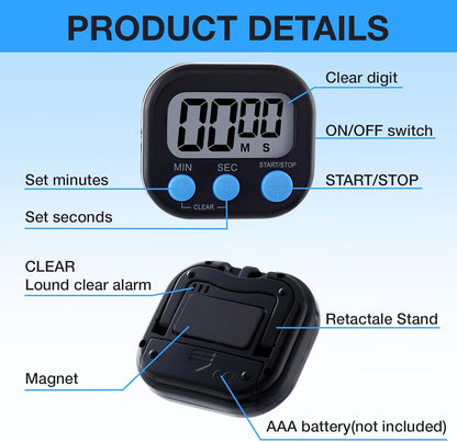 Leumoi 24 Pcs Digital Kitchen Timers Magnetic Back Timers Bulk Large Screen Loud Alarm On/Off Switch Minute Second Count up Countdown Memory Setting for Cooking Classroom Exercise(Black and Blue)