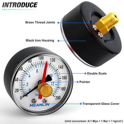 MEANLIN MEASURE 0-200Psi 2" DIAL FACE 1/4" NPT Well Pump Pressure Gauge with 1/2" NPT and 3/8" NPT Adaptor, 3-2-3% Accuracy,with Red Pointer Center Back Mount