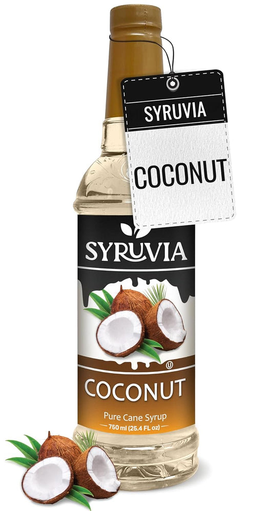 Syruvia Coconut Coffee Syrup - 25.4 fl oz. Premium Coffee Flavoring Syrup. Kosher, and Gluten-Free. Perfect for Enhancing Drinks, Sodas, Shakes, Desserts, and More.