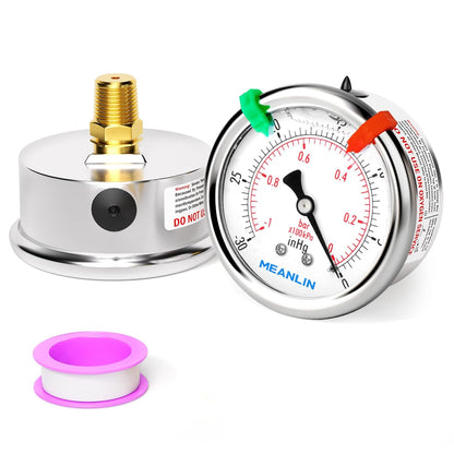 MEANLIN MEASURE -30inHG~0Psi Vacuum Pressure Gauge 1/4" NPT 2.5" FACE DIAL, Stainless Steel Liquid Filled Pressure Gauge WOG Water Oil Air Center Back Mount (with 2PCS Snaps)