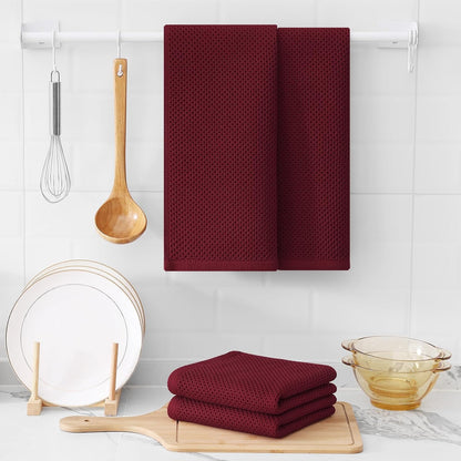 Kitinjoy 100% Cotton Waffle Weave Kitchen Towels, 4-Pack Super Soft and Absorbent Dish Towels for Drying Dishes, Kitchen Hand Towels, 13 in x 28 in, Burgundy