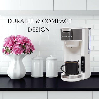 Mixpresso White Single Serve Coffee Brewer K-Cup Pods Compatible & Ground, 30 oz Compact Coffee Maker Single Serve With 5 Brew Sizes Up To 14 Oz, Fits Travel Mug, Adjustable Drip Tray