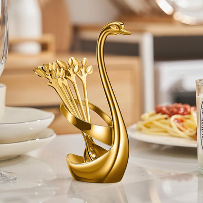 AnSaw Gold Small Coffee Spoon Holder Set,Swan Base With 10 Pcs Demitasse Espresso Spoons Set,4.7" Mini Leaf Dessert Spoon,Stainless Steel Tea Spoons