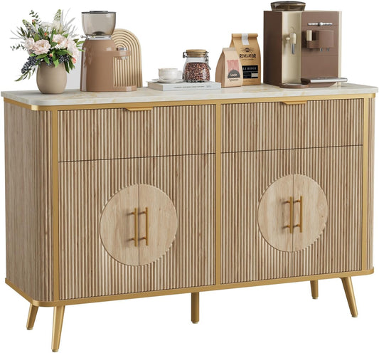 47.2" Buffet Storage Cabinet, Modern Fluted Coffee Bar Station with 2 Drawers & Adjustable Shelves, Kitchen Sideboard Buffet for Dining Room, Living Room, Hallway, Natural Oak