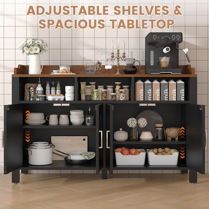 Buffet Cabinet with Storage Farmhouse with 4 Doors and 3 Open Compartments, 55'' Large Kitchen Storage Cabinet Black Wood Coffee Bar Buffet Sideboard for Kitchen, Dining Room, Living Room