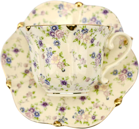 TATSUMI Country Roses Bone China Tea Cup and Saucer Set, 3 Pieces, Vintage Style, For Women and Tea Parties(yellow,1 Set)