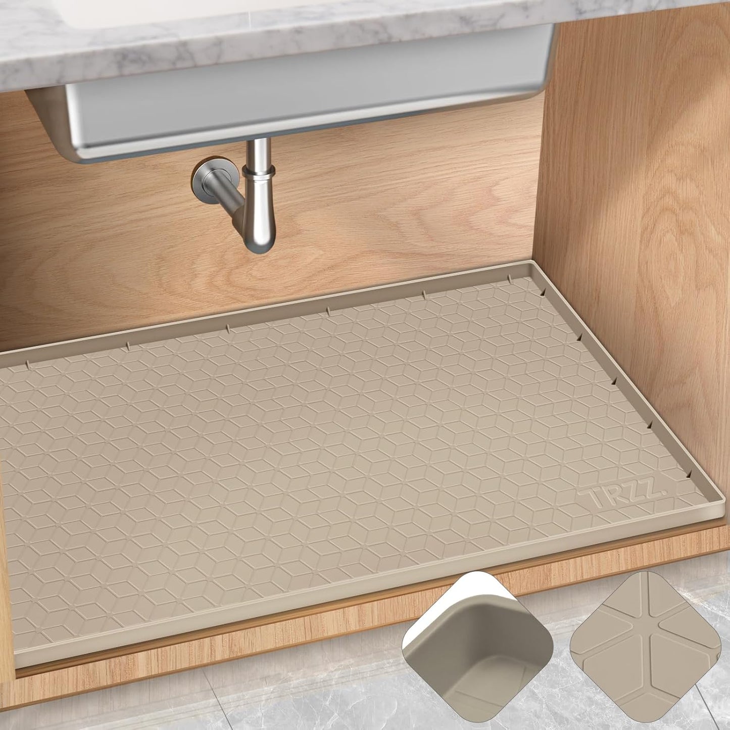 TRZZ Silicone Waterproof Under Sink Mat 34" x 19", Drip Tray and Cabinet Liner for Kitchen and Bathroom, Prevents Water Damage and Organizes Cabinets (Khaki)