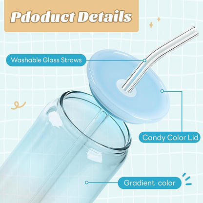 Joyclub 20oz Glass Cups with Acrylic Lids and Straws 8 Set Can Shaped Glass Iced Coffee Cups with Lids, Gradient Drinking Glasses Cute Tumbler Cup Great for Smoothie Soda Boba Tea Cocktail Beer Gift