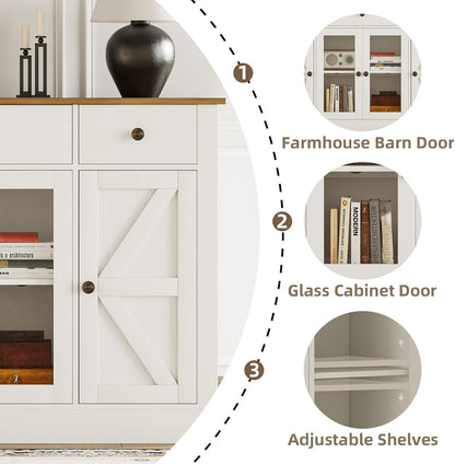 4 EVER WINNER 55" Buffet Cabinet with Storage, Farmhouse Coffee Bar Cabinet with Glass Doors and Drawers, Sideboard Cabinets with Adjustable Shelves for Living Room, Kitchen, White