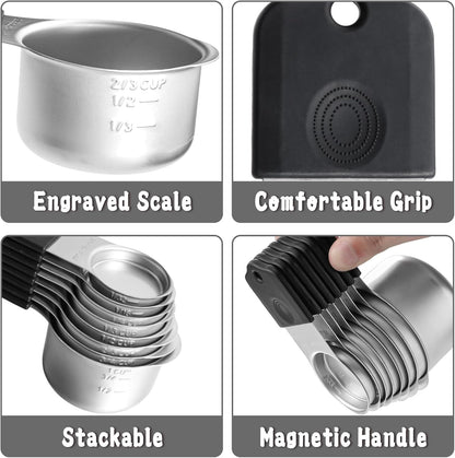 Measuring Cups and Spoons Set Including 8 Stainless Steel Magnetic Measuring Cups 8 Double Sided Magnetic Measuring Spoons with 1 Leveler for Dry and Liquid Ingredients