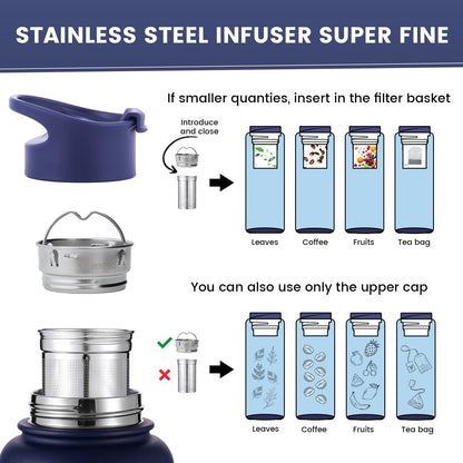 Lexlion Tea Infuser Bottle - Fruit Infuser Water Bottle 32 Oz, Triple Walled Insulated Stainless Steel Bottle, Thermal Leaf Infuser, Silicone Sleeve, 3 Lids Leakproof, Metal Mug Gallon