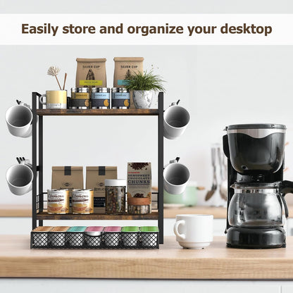 Coffee Station Organizer, 3 Tier Bar Organizer for Countertop, Mug Cup Holder Stand With 12 Hooks and 28 K Cup Storage for Kitchen, Home & Office, Rustic Brown