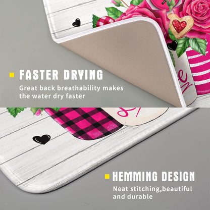 Valentine's Day Rose Flower Dish Drying Mat for Kitchen Counter,Mason Jar Pink Love Heart Drying Mat 16 x 18 Inch with High Absorbent Microfiber Drainer Mat for Coffee Bar