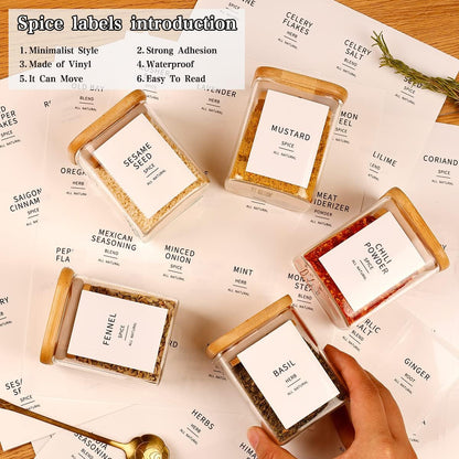 12 Pcs Square Glass Spice Jars with Natural Bamboo Lids - 5oz Airtight Herb Containers with 148 Waterproof Minimalist Spice Labels Preprinted - Empty Small Seasoning Jars for Kitchen Pantry