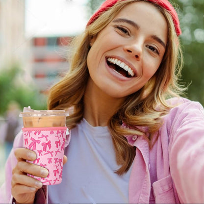 Reusable 3-Pack Iced Coffee Cup Sleeve, Insulated Neoprene, Beverage Holder for Iced Coffee, Durable Drink Sleeve for Cold Beverages, Pink Bows