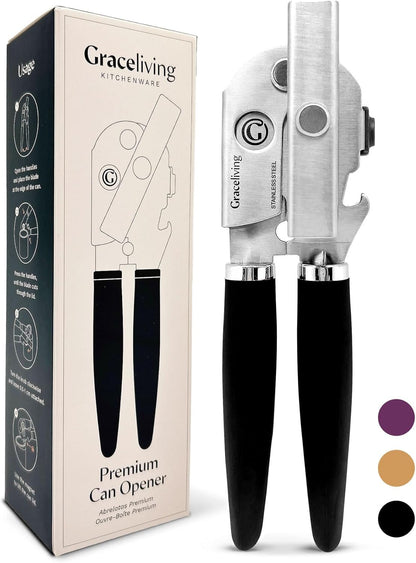 Premium Multifunctional Magnetic Manual Can Opener and Bottle Opener, Heavy Duty Stainless Steel Sharp Cutting Blade and Oversized Easy Turn Knob, Soft-Touch Handle, Kitchen Use, Black