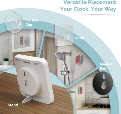 KADAMS Shower Clock Waterproof Bathroom Timer – Digital Wall Clock with Countdown, Magnetic Kitchen Clock with Temperature & Humidity, Suction Cup for Kids Shower Spa Sauna Cook Bath (Red)