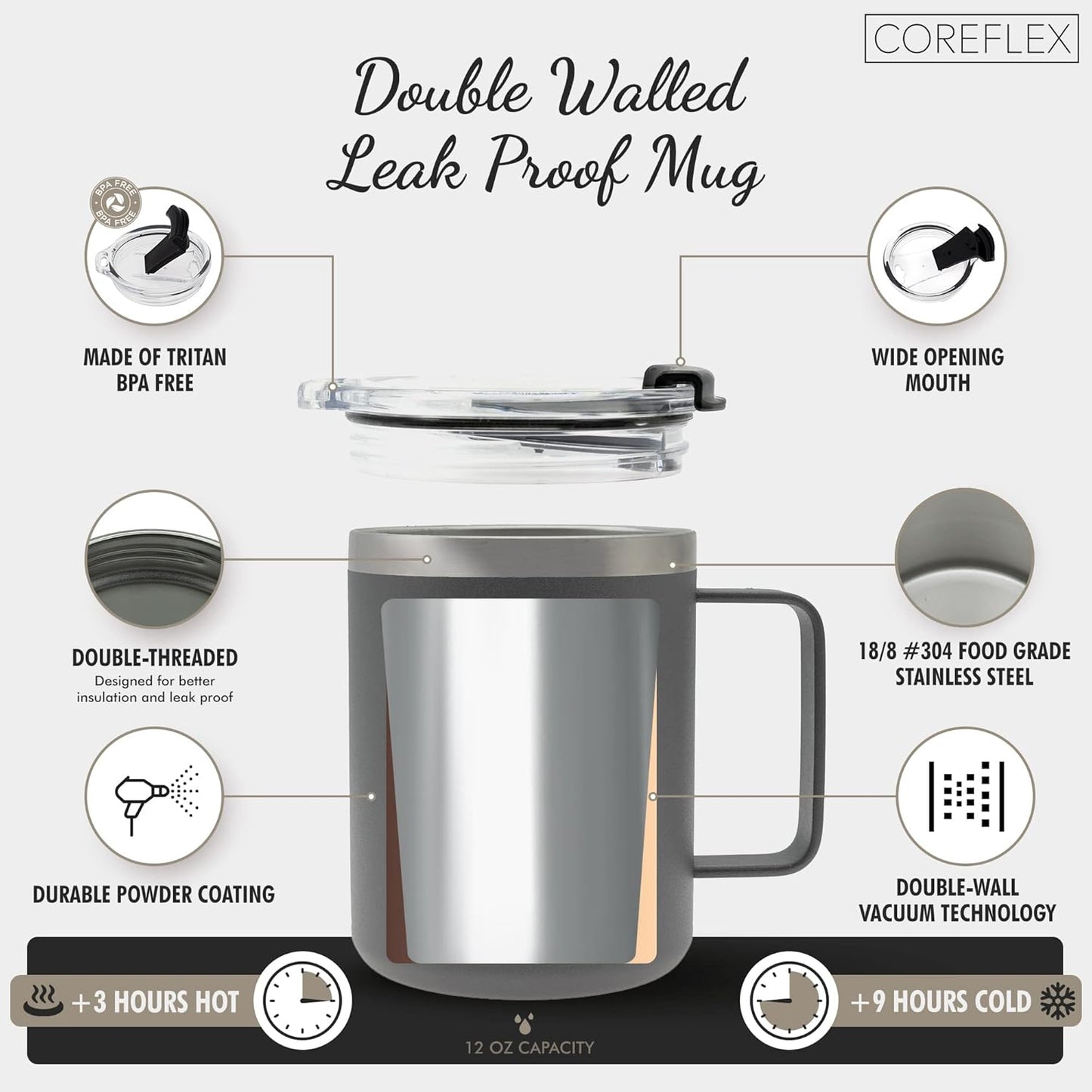 COREFLEX 12 oz Insulated Coffee Mug with Handle & Lid, Stainless Steel Double Walled Vacuum Insulated Tumbler,Travel Coffee Cup Thermal - Home, Office, Travel, Outdoor, Camping
