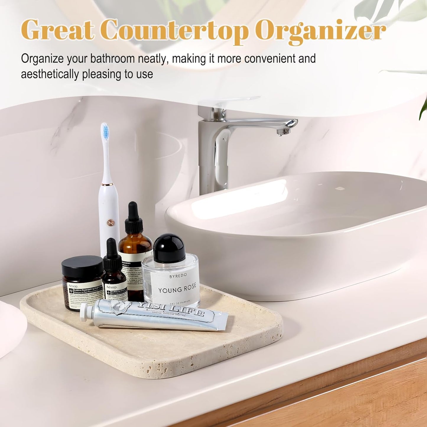 Koville Romano Travertine Tray, 12"x8" Natural Stone Vanity Tray for Countertop Bathroom Kitchen Dresser, Decorative Marble Catchall Trays for Perfume Jewelry, Rectangular Serving Tray(Beige)