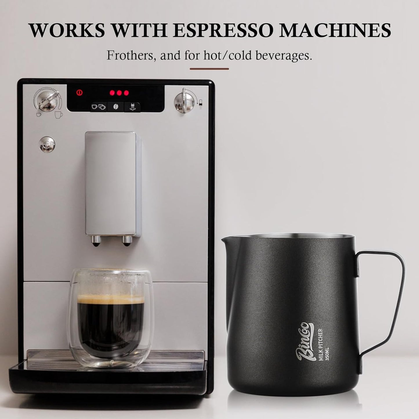 Milk Frothing Pitcher - 350ml/12oz Milk Frother Cup Espresso Steaming Pitcher for Barista, Bincoo SUS304 Stainless Steel Espresso Steaming Pitchers for Latte Art/Cappuccino/Coffee (Black-350ml)
