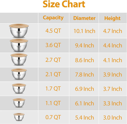 YIHONG 7 Piece Metal Mixing Bowls with Lids for Kitchen, Stainless Steel Set Ideal for Baking, Prepping, Cooking and Serving Food, Nesting Design for Space Saving Storage (Khaki)