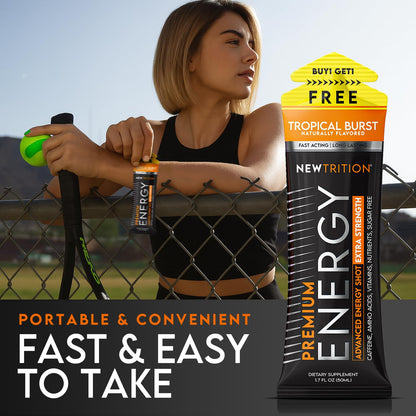 NewTrition® Extra Strength Energy Shots, 250mg Caffeine Energy Shots with Vitamin B & Amino Acids, Sugar-Free Vitamin Energy Shot, 1.7 fl oz (Pack of 12, Tropical Burst)