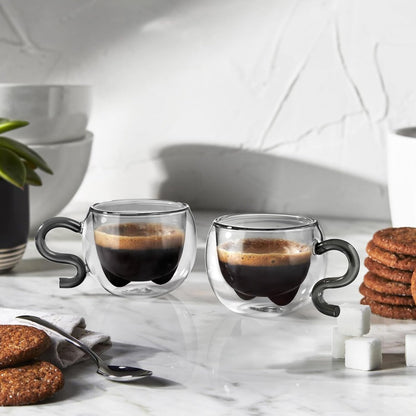 ecooe 4.4 Oz Black Cute Cat Double Wall Glasses Espresso Cups Set of 2, Demitasse Cups, Espresso Shots Coffee Cups Birthday Christmas Gifts for Women,Men, Mum, Kids, 130 ml (full capacity)