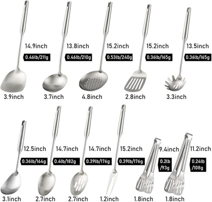 18/10 Stainless Steel Kitchen Utensils Set - 15” All Metal Cooking Tools, 11PCS - 2 Tongs, Fork, Solid Spoon, Slotted Spoon, Spatula, Soup Ladle, Skimmer, Slotted Spatula, Spaghetti Spoon, Large Spoon