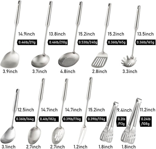 18/10 Stainless Steel Kitchen Utensils Set - 15” All Metal Cooking Tools, 11PCS - 2 Tongs, Fork, Solid Spoon, Slotted Spoon, Spatula, Soup Ladle, Skimmer, Slotted Spatula, Spaghetti Spoon, Large Spoon