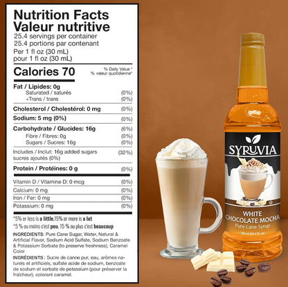 Syruvia White Chocolate Mocha Syrup For Coffee 25.4 Oz. - Kosher & Gluten Free, No Coloring, Perfect for Drinks, Soda, Shakes, Desserts, and More.