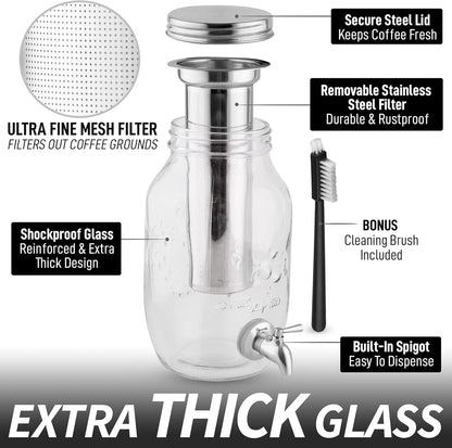 Zulay Kitchen 1.5 Liter Cold Brew Coffee Maker with EXTRA-THICK Glass Carafe & Stainless Steel Mesh Filter - Premium Iced Coffee Maker, Cold Brew Pitcher & Tea Infuser