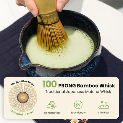 Matcha Whisk Set, Ceramic Matcha Set Includes Matcha Bowl, Matcha Whisk & Holder, Scoop, Sifter, Spoon, Scoop Rest, Tea Mat, User Manual - 9 Pcs Matcha Kit for Matcha Lovers (Blue)