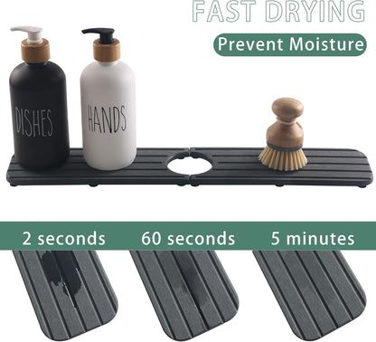 ZumenDa 20inch x 4inch Kitchen Sink Faucet Mat, Water Absorbing Stone Faucet Splash Guard for Bathroom Counter, Quick Drying Diatomite Tray for Kitchen Sink, Dark Gray