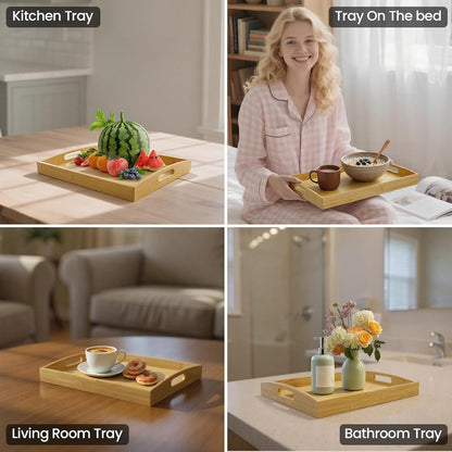 Set of 2 Bamboo Serving Tray with Handles, Decorative Wooden Tray for Breakfast, Dinner, Coffee Table - Portable Bamboo Tray for Ottoman, Kitchen, Living Room Bedroom, Outdoor Scenarios and More