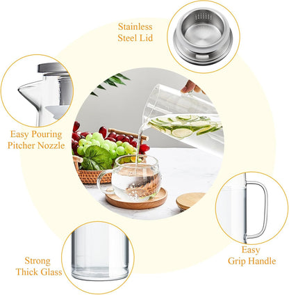 Hsei 2 Sets Glass Pitcher with Lid, 50 oz / 1500 ml Water Carafe with Handles Hot Cold Beverage Water Jar Glass Jug for Tea Juice Milk Coffee Iced Beverage