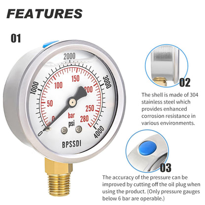 0-4000 Psi Glycerin Liquid Filled Hydraulic High Pressure Gauge, 2.5" Dial Size, 1/4" NPT Lower Mount, 304 Stainless Steel Case, for Water Oil Air Gas Pressure Test