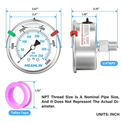 MEANLIN MEASURE 0~5000Psi Liquid Filled Pressure Gauge Stainless Steel 2.5" FACE DIAL 1/4" NPT 316 Stainless Steel Joint for WOG Water Oil Air Back Mount, with 2PCS Snaps