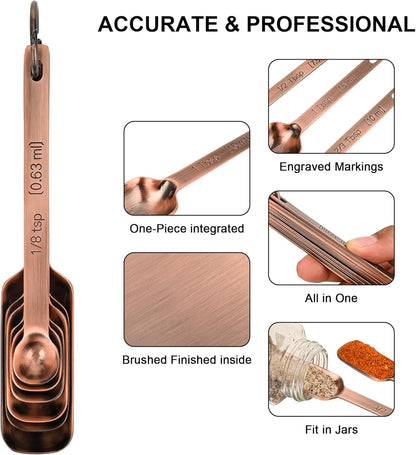 Copper Plated Measuring Cups and Spoons Set, Stainless Steel Measuring Cups and Spoons Set with 5 Kitchen Measure Cup, 6 Spice Measure Spoons, US&Metric Measuring Tools for Baking