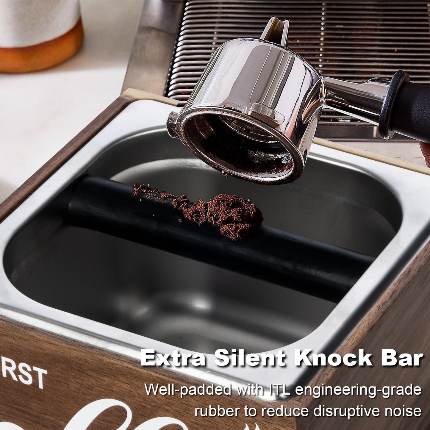 Knock Box for Espresso Coffee Grounds Espresso Knock Box Tamp Station, Quiet Design Large Capacity Non-Slip Base Coffee Puck Dump Bucket Barista Tools Machine Accessories Stainless Steel