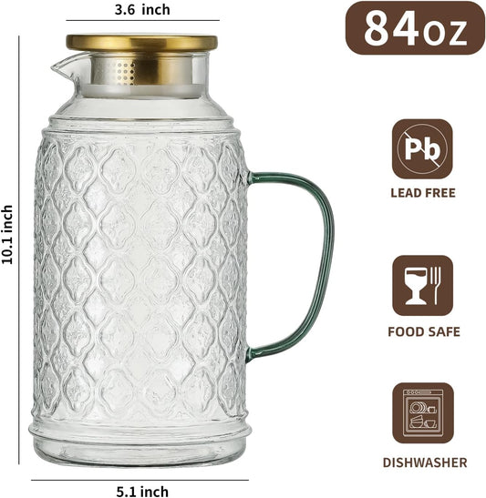 Glass Pitcher with Lid,84 oz/2.5 Liter Vintage Water Pitcher, Clear Borosilicate Glass Water Carafe for Cold Brew, Coffee, Lemonade, Iced Tea, Juice, Beverage, Heat Resistant Water Glass Jug
