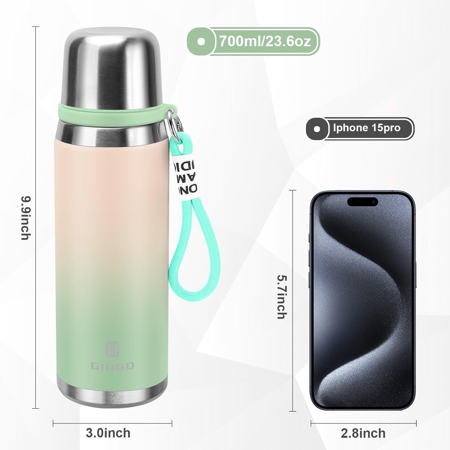 Stainless Steel thermo Bottles with cup 700ml/23.7oz Vacuum Insulated Bottle for hot and cold coffee drink water thermo flask with cup.(Gradient Green,700ml)